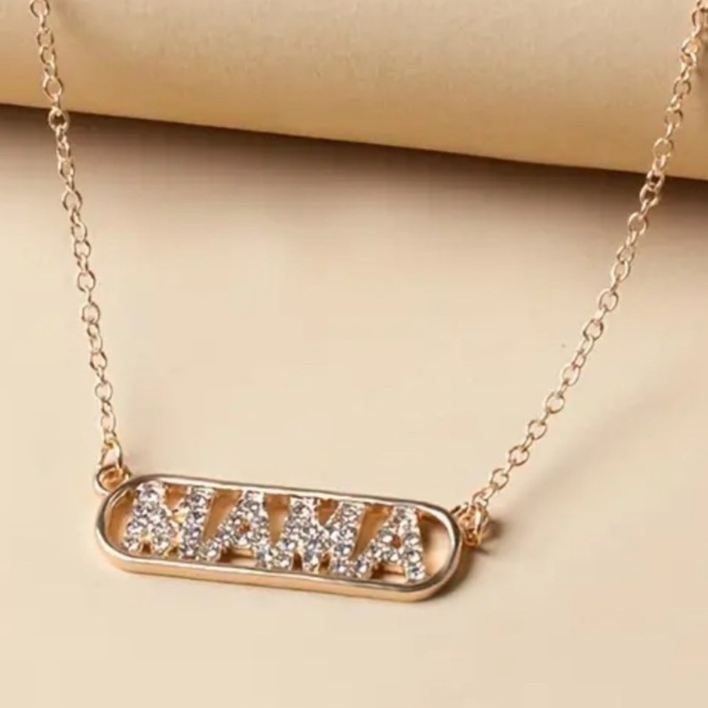 GORGEOUS Crystal Rhinestone gold MAMA Tag Necklace 18-22” liobsyer clasp NEW